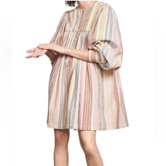 Anthropologie Antik Batik Casey Cotton Rainbow Striped Mini Peasant Dress, sz XS - Picture 1 of 11